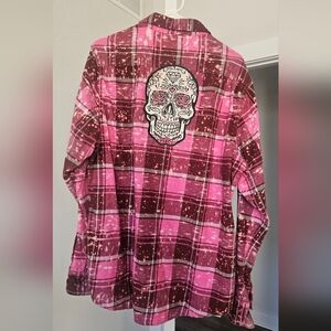 New ANGRY MINNOW VINTAGE Pink and Brown Plaid Shirt with Skull Design